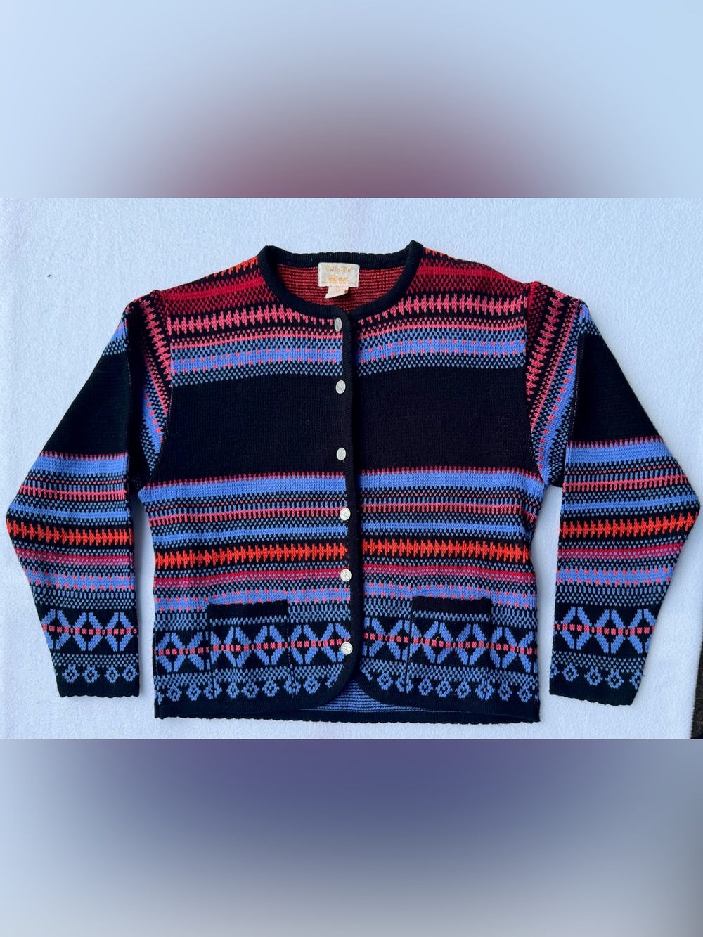 Vintage Tally Ho Sweater Fair Isle / Geometric Pattern Retro Metal Buttons Sz M